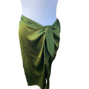 Ro & De Anthropologie Women Midi Skirt Olive Green Satin Stretch Wrap SMALL NEW